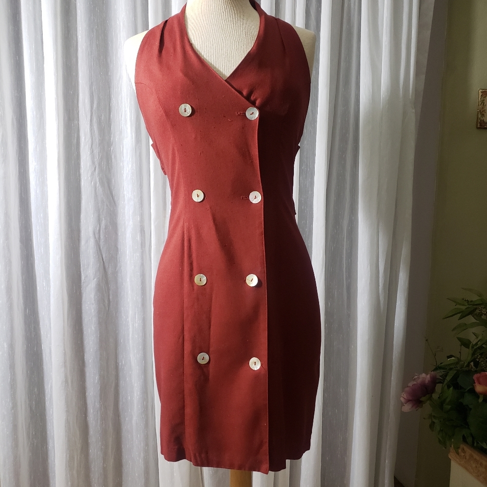 My Michelle 100% Silk Rust Red Double-Breasted Midi Dress